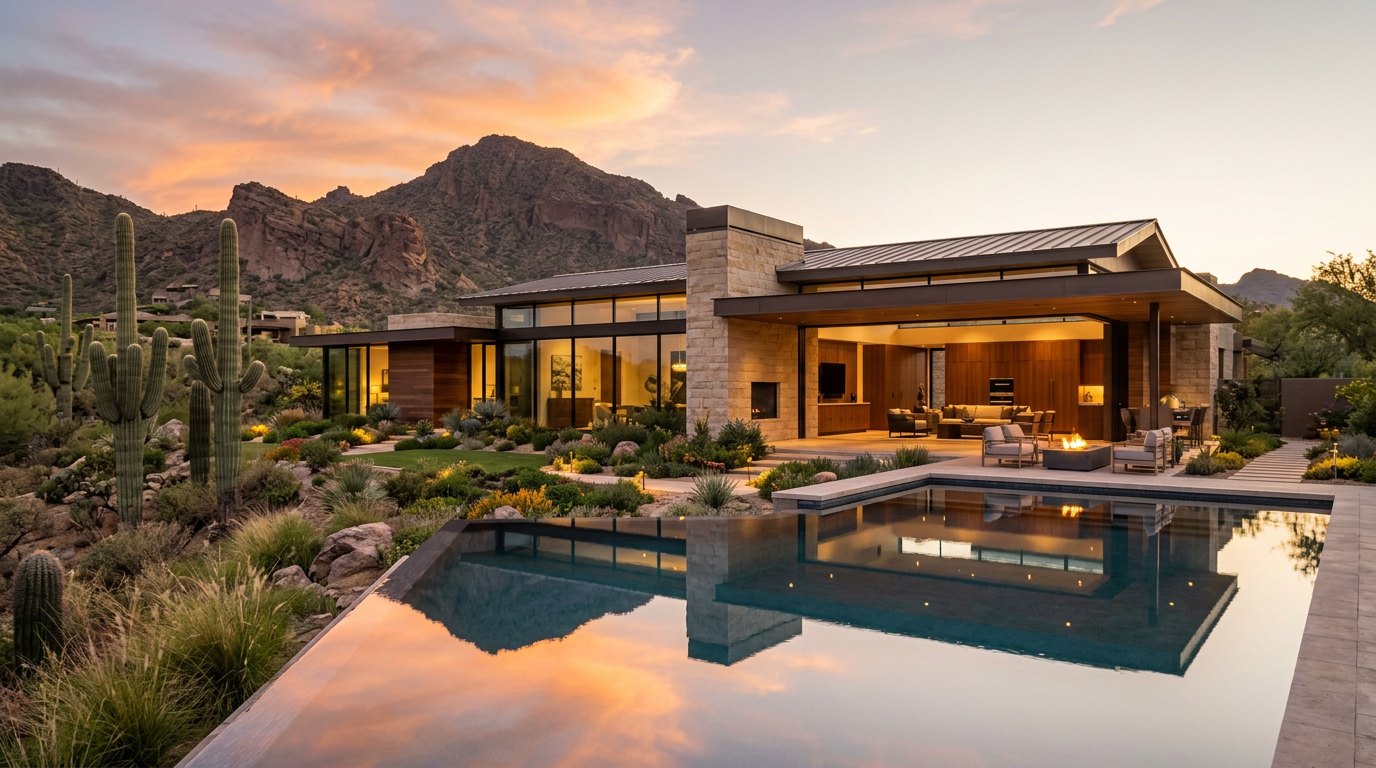 Luxury desert contemporary residence in Paradise Valley at golden hour